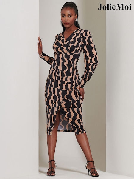 Ruskea - Jolie Moi Jersey Wrap Slit Pencil Dress (E76438) | €107