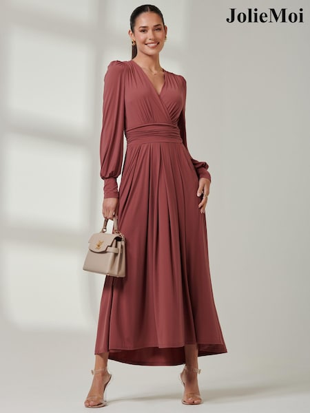 Jolie Moi Red Long  Sleeve Soft Silky Jersey Maxi Dress (E76441) | AED553