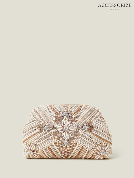 Accessorize Cream Beaded Mirror Cloud Clutch Bag (E76563) | €31