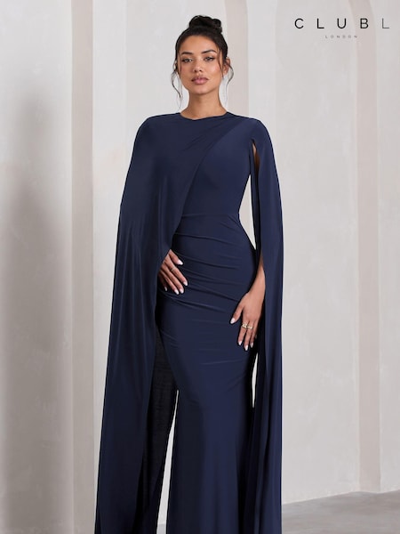 Club L London Navy Blue Magdelena Asymmetric Cape Maxi Dress (E76611) | €113