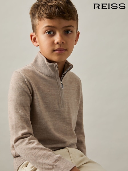 Reiss Wheat Melange Blackhall 9-13 yrs Merino Wool Half-Zip Funnel Neck Jumper (E76655) | €58