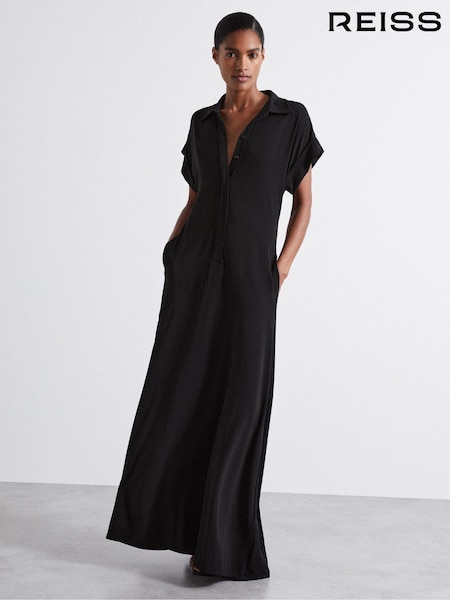 Reiss Black Alexandra Atelier Polo Collar Jersey Maxi Dress (E76658) | R$ 3,900