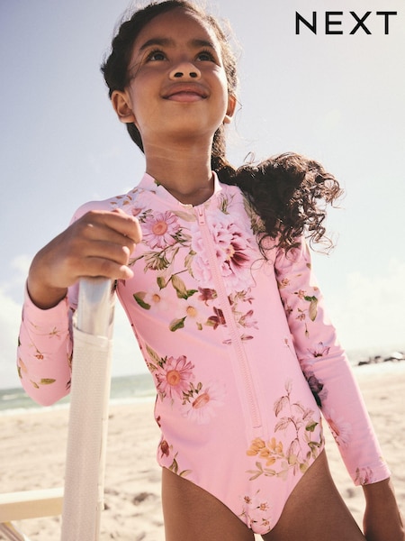 Pink Floral Long Sleeved Swimsuit (3-16yrs) (E76816) | $37 - $48