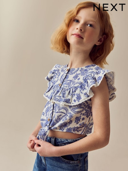 Blue Floral 100% Cotton Tie Front Blouse (3-16yrs) (E76894) | $23 - $34
