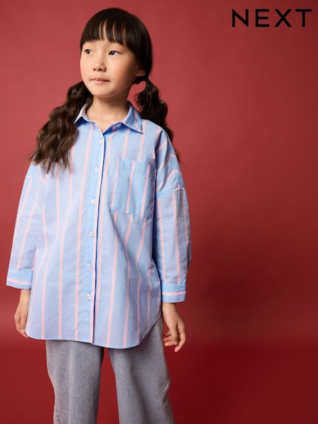 Blue/PInk Stripe Oversized 100% Cotton Shirt (3-16yrs) (E76899) | €18 - €25