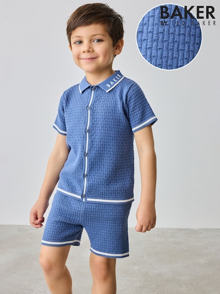 Baker By Ted Baker Blue Knitted Textured Shirt And Shorts Set (E76975) | ‏191‏₪ - ‏216‏ ₪