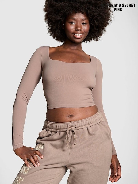 Victoria's Secret PINK Iced Coffee Brown Cropped Fitted Long Sleeve Top (E77101) | €40