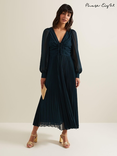 Phase Eight Blue Kindra Teal Chiffon Pleated Midi Dress (E77228) | 344 QAR