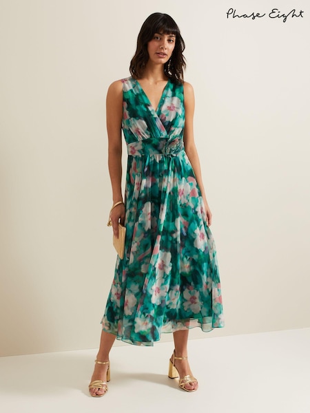 Phase Eight Green Nora Chiffon Floral Wrap Dress (E77243) | 393 QAR