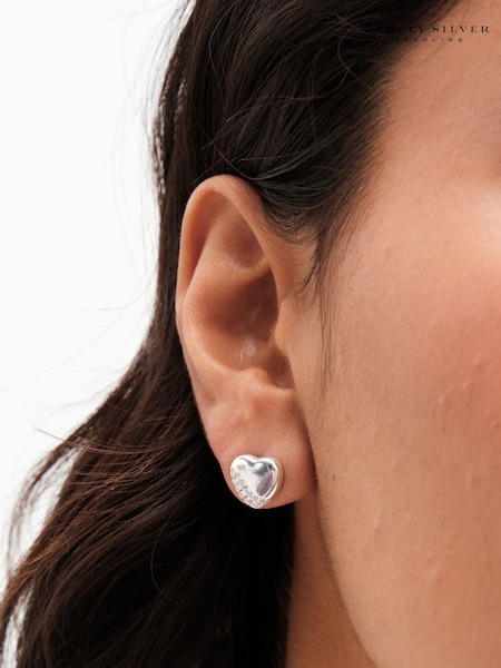 Simply Silver Silver Tone Sterling 925 Polished and Pave Heart Stud Earrings (E77628) | 124 QAR