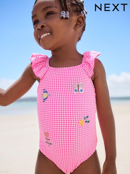 Pink Gingham Frill Shoulder Swimsuit (3mths-7yrs) (E77672) | €19 - €22