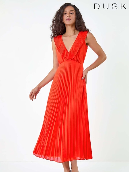 Dusk Orange Pleated Tie Back Fit and Flare Midi Dress (E77732) | €93