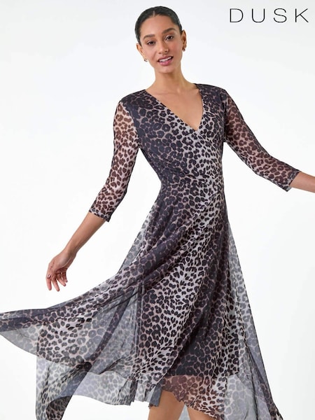 Dusk Black Animal Stretch Mesh Hanky Hem Wrap Dress (E77738) | €72