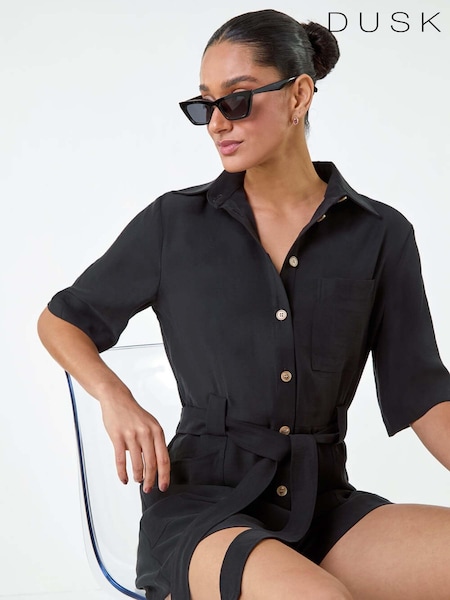 Dusk Black Button Through Belted Pocket Playsuit (E78043) | AED140