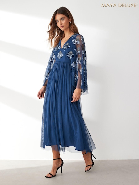 Maya Blue Wide Sleeve Embellished Tulle Midaxi Dress (E78124) | €77