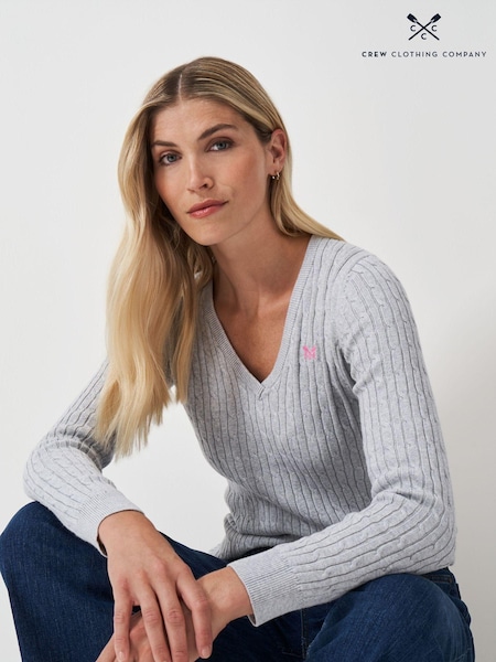 Crew Clothing Grey Heritage Cable V-Neck Jumper (E78158) | €58