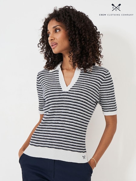 Crew Clothing Blue Serafina Stripe Collar Knit 100% Cotton Top (E78163) | AED142