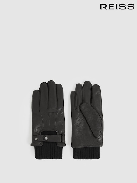 Reiss Black Sanford Leather Ribbed-Cuff Gloves (E78634) | $194