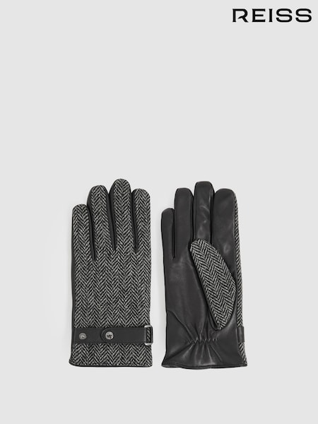 Reiss Black Vaughn Leather And Wool-Blend Herringbone Gloves (E78648) | $138