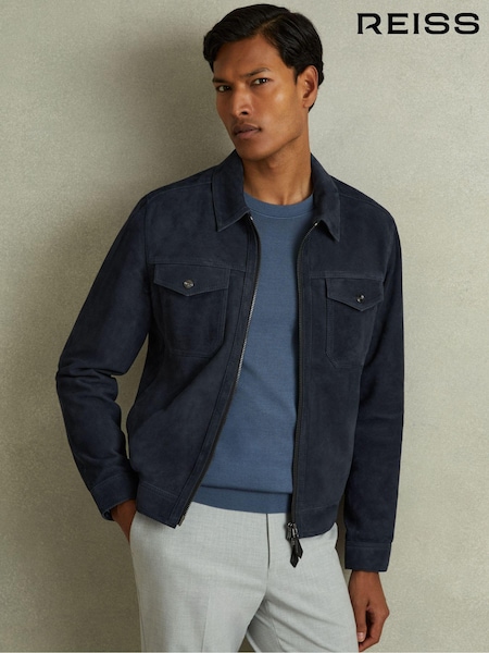 Reiss Indigo Blue Pike Suede Zip-Through Trucker Jacket (E78650) | AED2,866
