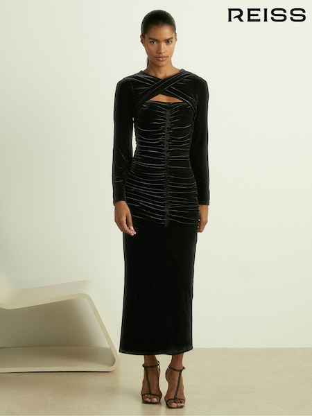 Reiss Black Sia Velvet Ruched Twist-Front Midi Dress (E78658) | 1,455 QAR