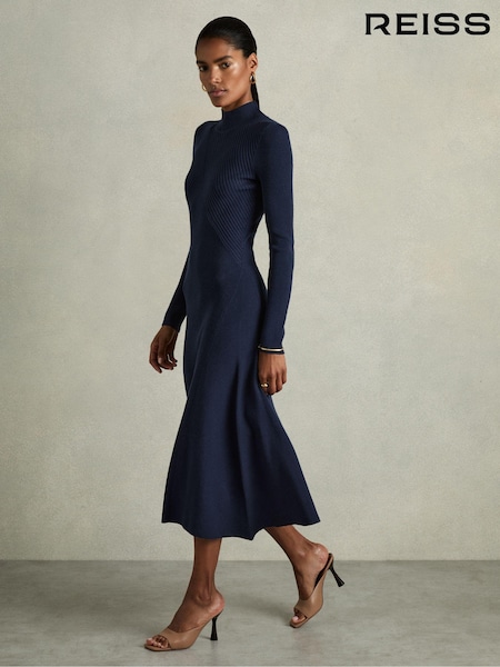 Reiss Navy Hannah Round Neck Ribbed Midi Dress (E78659) | $315