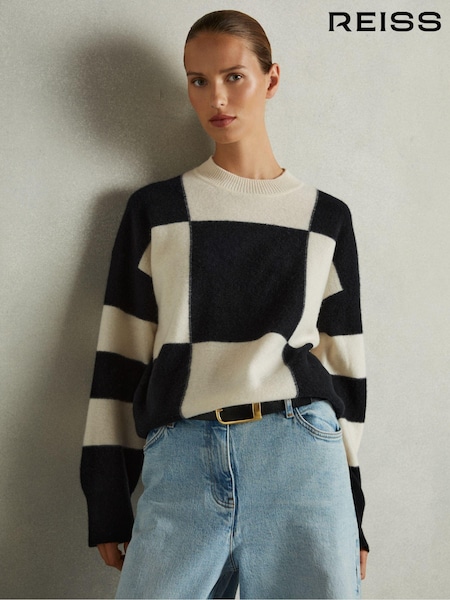 Reiss Black/White Becki Wool-Cashmere Check-Intarsia Jumper (E78675) | €95