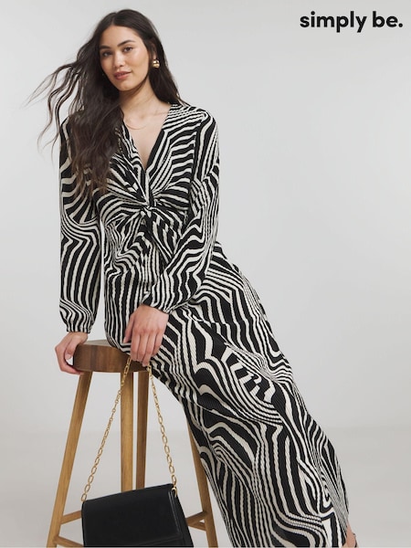 Simply Be Black Plisse Knot Front Midi Dress (E78694) | 208 QAR