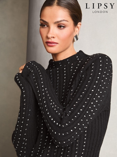 Lipsy Black Embellished Line Ribbed Roll Neck Knitted Jumper (E79004) | €33