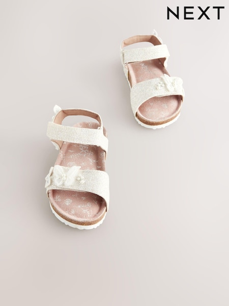White Glitter Occasion Butterfly Standard Fit (F) Touch Fastening Corkbed Sandals (E79089) | AED91 - AED112