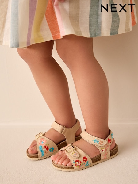 Neutral Leather Embroidery Standard Fit (F) Touch Fastening Corkbed Sandals (E79104) | AED97 - AED117