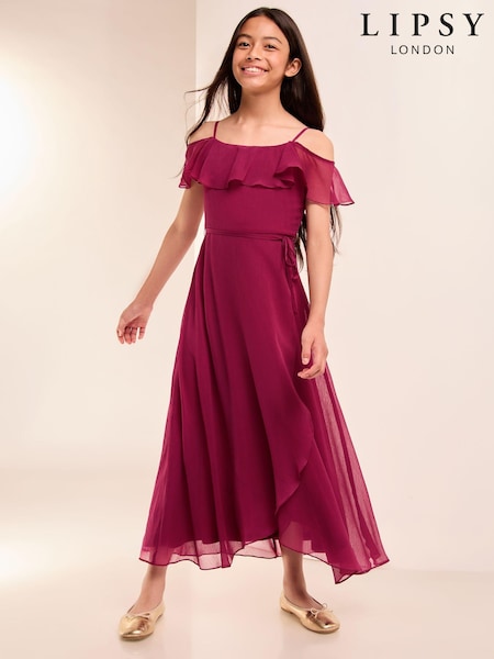 Lipsy Burgundy Red Cold Shoulder Maxi Occasion Dress (10-16yrs) (E79120) | €38 - €44