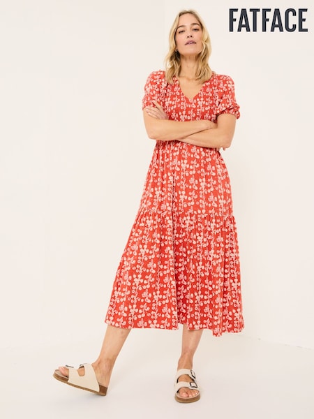 Burnt Orange Painted Bloom - Fatface Midi Dress (E79195) | ‏297‏₪
