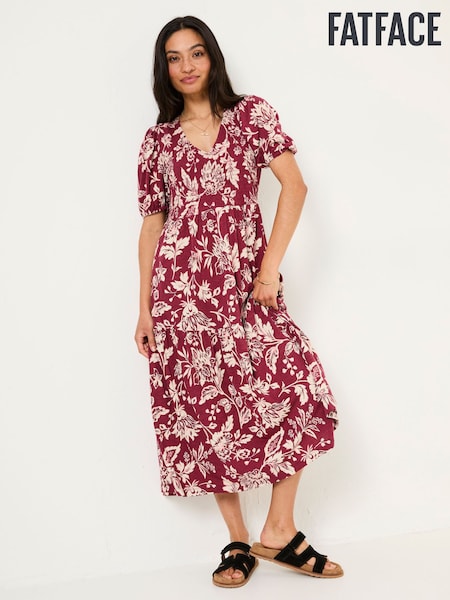 FatFace Danielle Burgundy Red Brush Floral Midi Dress (E79219) | €46