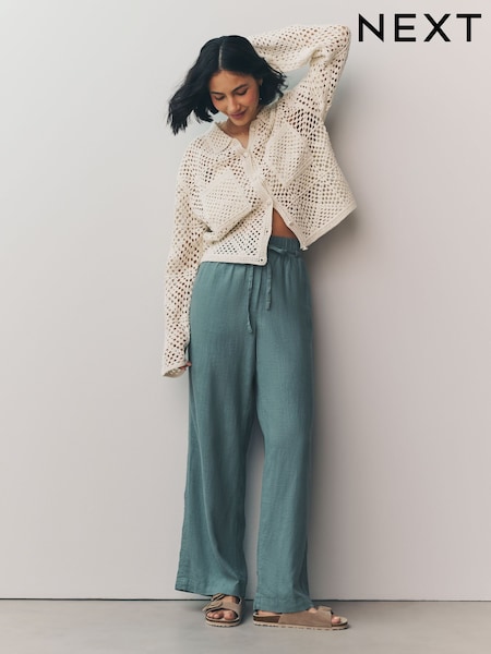 Blau - Tie Waist Wide Leg Linen Blend Trousers (E79278) | 30 €