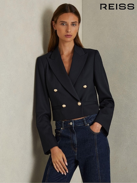 Reiss Navy Leigh Cropped Wool-Blend Double-Breasted Blazer (E79325) | €101