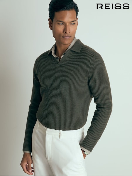 Reiss Military Green Laird Atelier Ribbed-Cashmere Polo Shirt (E79326) | €329
