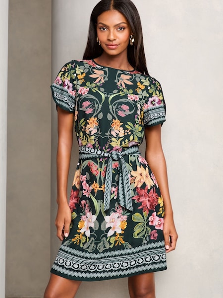 Lipsy Black Placement Print Tie Front Mini Shift Dress (E79365) | 175 QAR