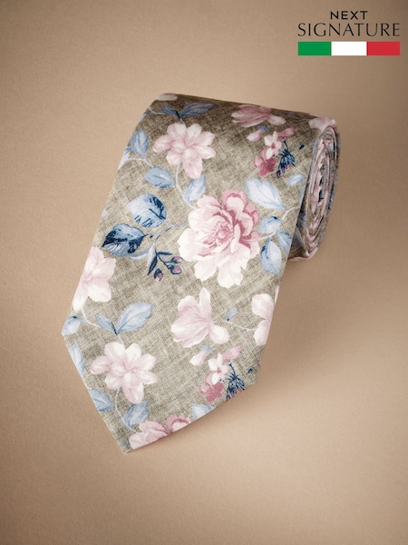 צבע חום ניטרלי/ורוד פרחוני - Signature Made In Italy Printed Melange Tie (E79391) | ‏121‏₪