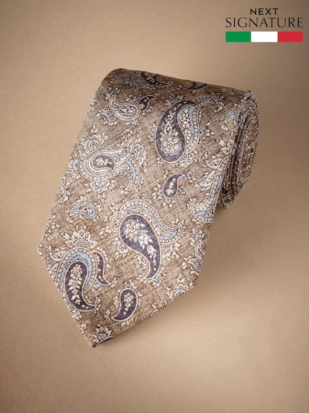 Neutral Brown/Blue Paisley - Signature Made In Italy Printed Melange Tie (E79393) | ‏121‏₪