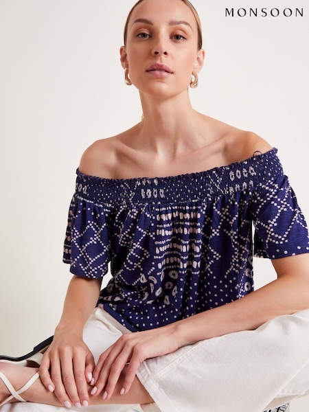Monsoon Blue Cindy Print Bardot Top (E79428) | €26