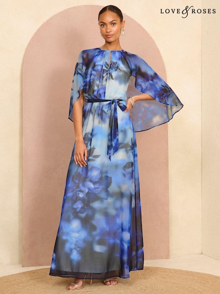 Love & Roses Blue Printed Cape Maxi Dress (E79542) | €60