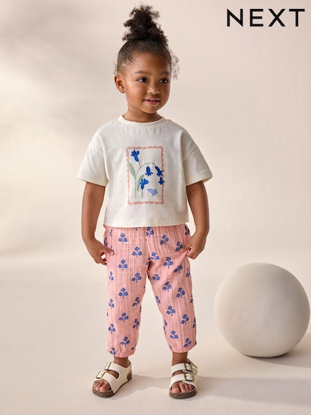 Pink Floral 100% Cotton T-Shirt and Trousers Set (3mths-7yrs) (E79573) | €24 - €29