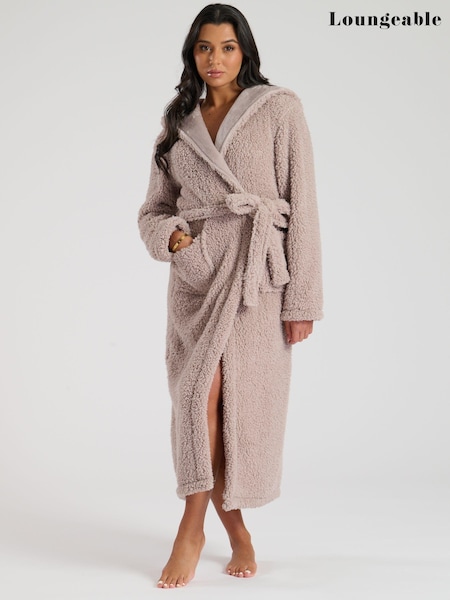 Loungeable Brown Sherpa Maxi Robe With Luxury Fleece Lined Hood (E79686) | €16.50