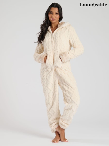 Loungeable Cream Cable Cut Sherpa With Faux Fur Trim All-In-One (E79690) | €25
