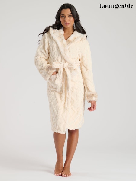 Loungeable Cream Cable Sherpa With Faux Fur Trim Midi Hooded Robe (E79692) | €20