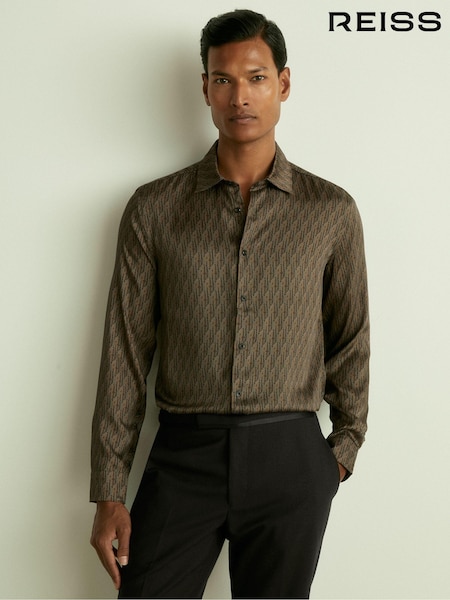 Reiss Dark Brown Lafraneire Monogram-Print Twill Shirt (E79941) | €142