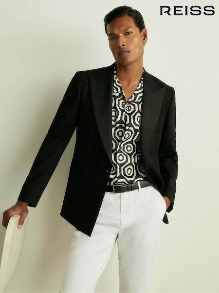 Reiss Black/White Canape Geometric-Print Poplin Cuban-Collar Shirt (E79942) | 720 QAR