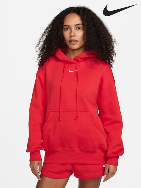 Nike Red Oversized Sportswear Phoenix Fleece Mini Swoosh Pullover Hoodie (E79984) | €80