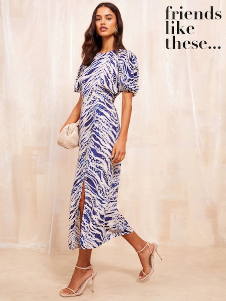 Friends Like These Blue Ruched Short Sleeve Midi Dress (E80018) | €31